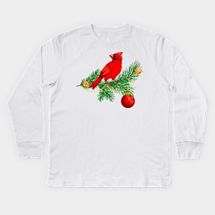 red cardinal on a fir branch Kids Long Sleeve T-Shirt